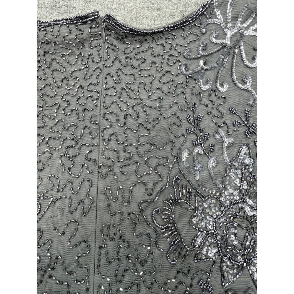 Pisarro‎ Nights Womens Size 12 Beaded Floral Mesh Dress Grey V-Neck 3/4 Sleeve - Picture 10 of 10